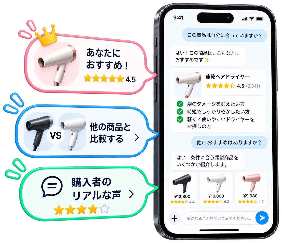 スマホのチャット画面でAIがヘアドライヤーをおすすめし、他商品との比較や購入者の声を案内しているイラスト